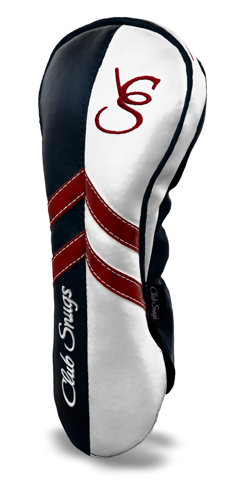 Right-Side view of a Navy, White, Red, and Navy Retro-T Driver Headcover with Dual-V stripe and split seam