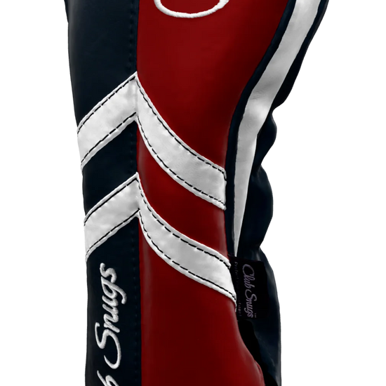 Right-Side view of a Navy, Red, White, and Navy Retro-T Driver Headcover with Dual-V stripe and split seam
