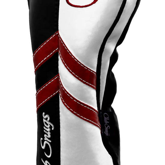 Right-Side view of a Black, White, Red, and Black Retro-T Driver Headcover with Dual-V stripe and split seam