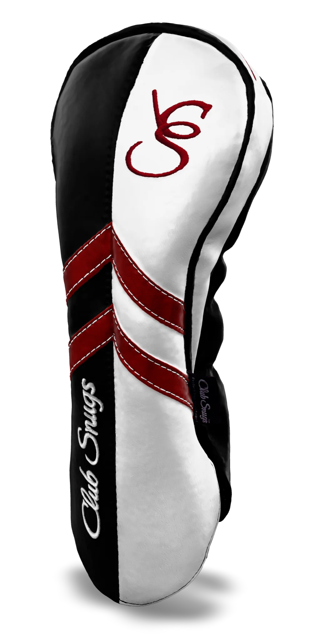Right-Side view of a Black, White, Red, and Black Retro-T Driver Headcover with Dual-V stripe and split seam