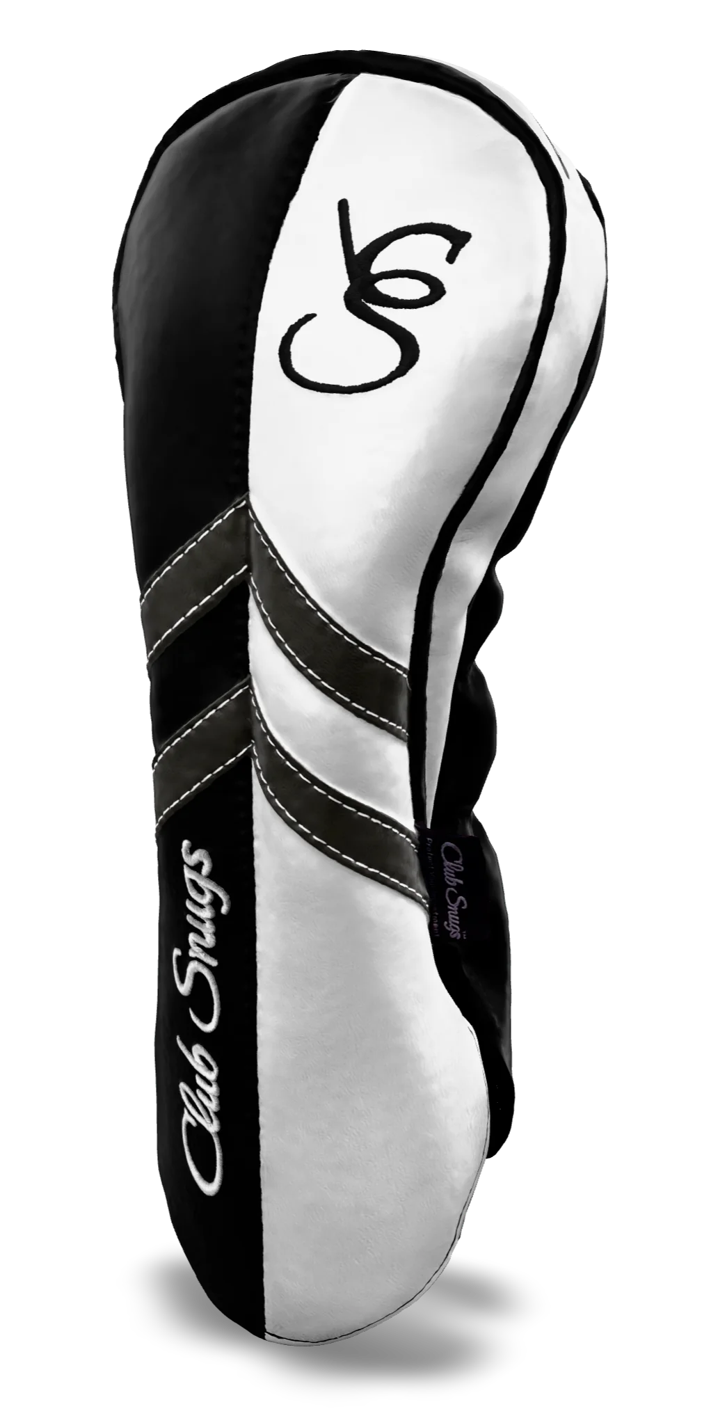 Right-Side view of a Black, White, Gray, and Black Retro-T Driver Headcover with Dual-V stripe and split seam