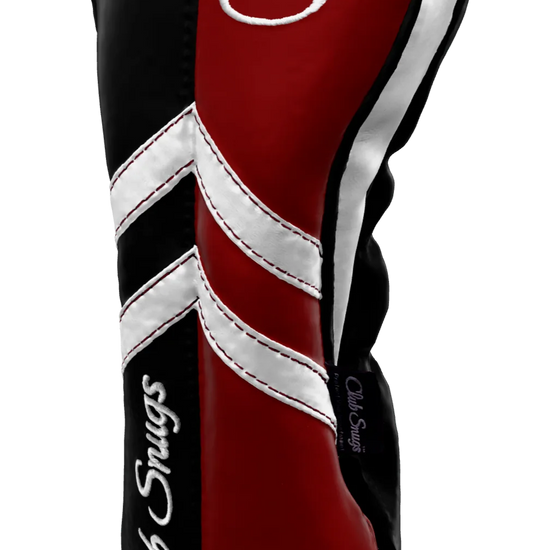 Right-Side view of a Black, Red, White, and Black Retro-T Driver Headcover with Dual-V stripe and split seam