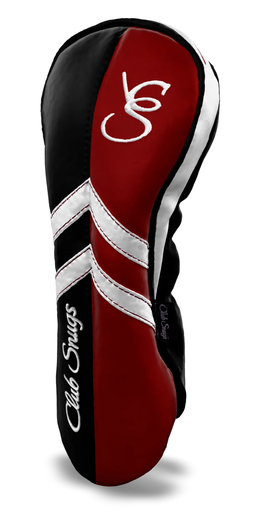 Right-Side view of a Black, Red, White, and Black Retro-T Driver Headcover with Dual-V stripe and split seam