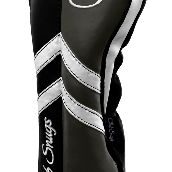 Right-Side view of a Black, Gray, White, and Black Retro-T Driver Headcover with Dual-V stripe and split seam