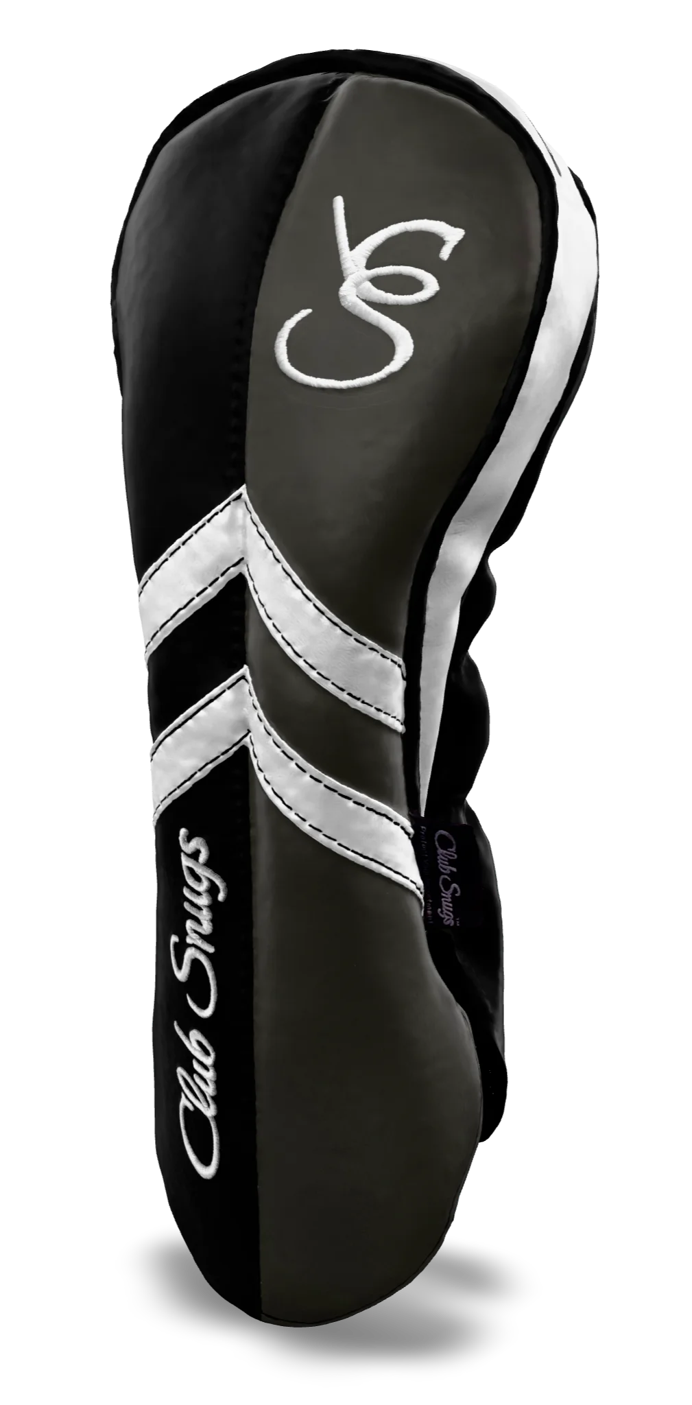 Right-Side view of a Black, Gray, White, and Black Retro-T Driver Headcover with Dual-V stripe and split seam