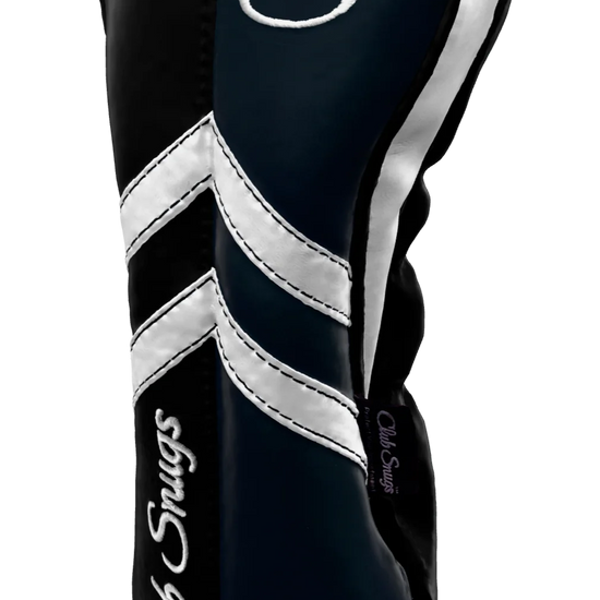 Right-Side view of a Black, Navy, White, and Black Retro-T Driver Headcover with Dual-V stripe and split seam