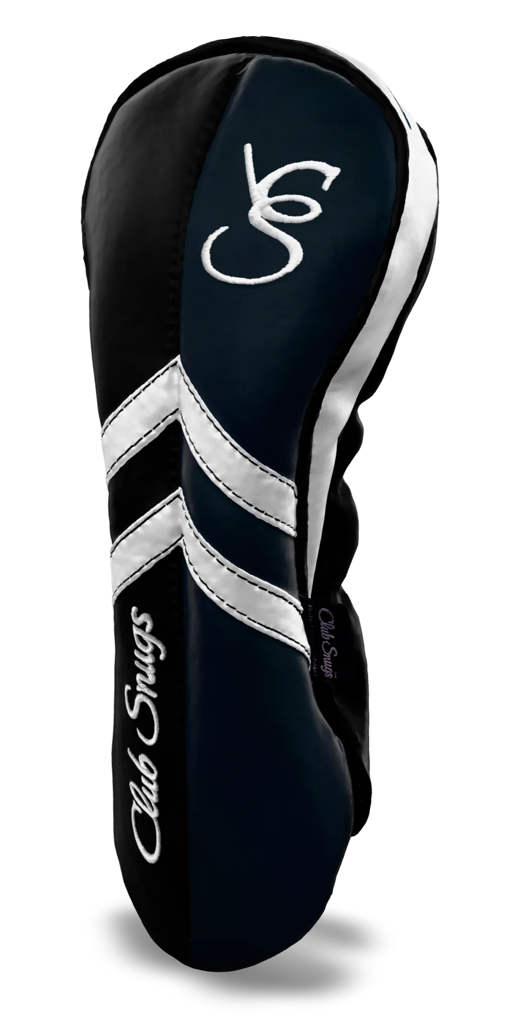 Right-Side view of a Black, Navy, White, and Black Retro-T Driver Headcover with Dual-V stripe and split seam