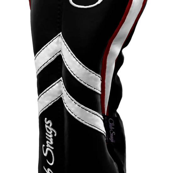 Right-Side view of a Black, Black, White, and Red Retro-T Driver Headcover with Dual-V stripe and split seam