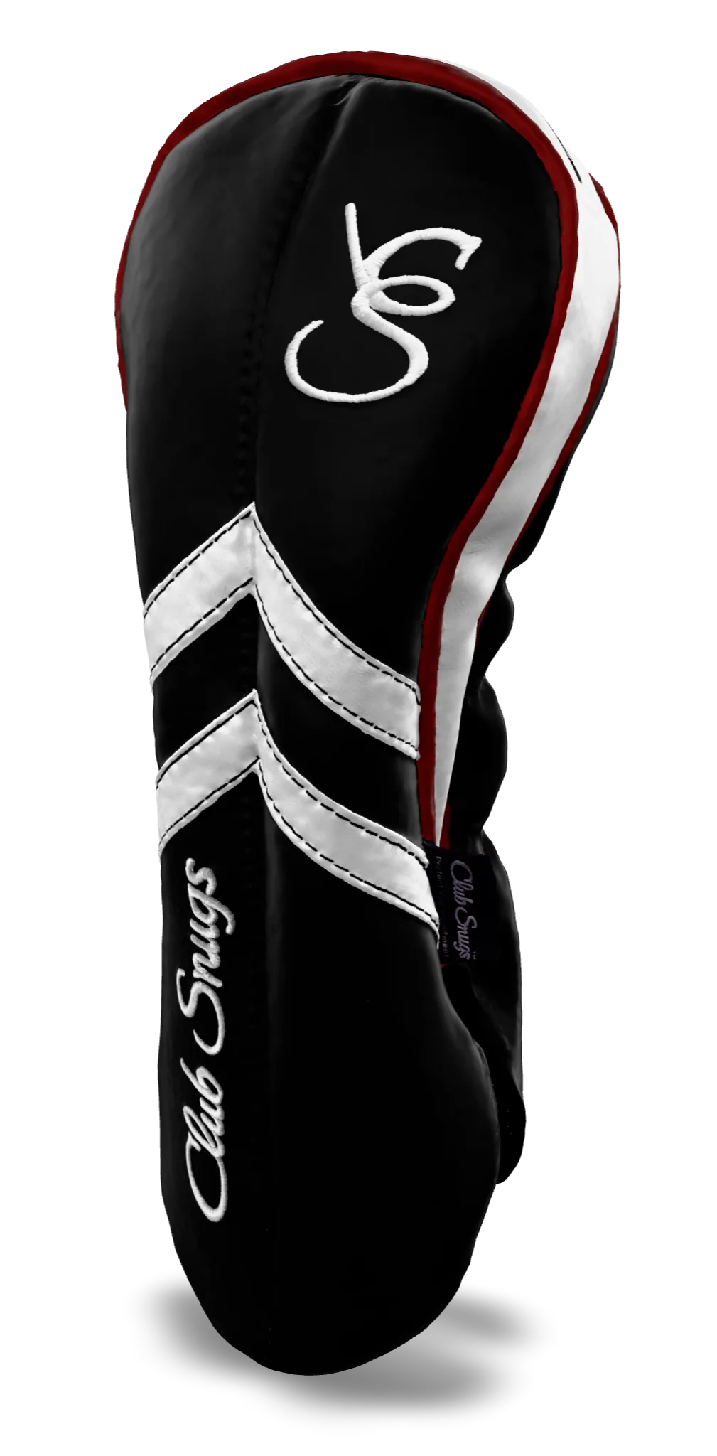 Right-Side view of a Black, Black, White, and Red Retro-T Driver Headcover with Dual-V stripe and split seam