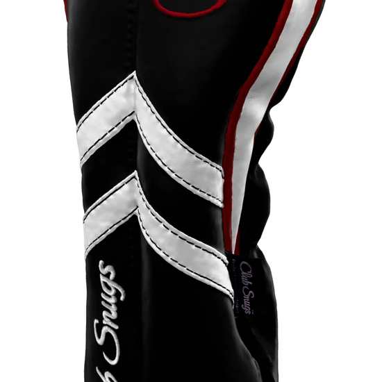 Right-Side view of a Black, Black, White, and Red Retro-T Driver Headcover with Dual-V stripe and split seam