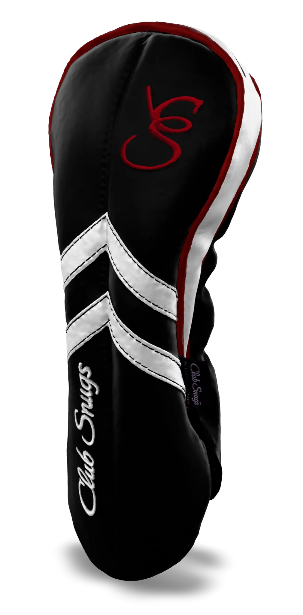 Right-Side view of a Black, Black, White, and Red Retro-T Driver Headcover with Dual-V stripe and split seam