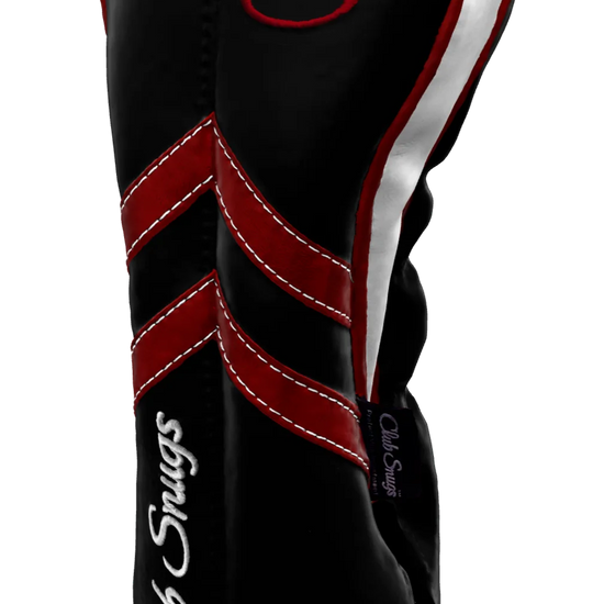 Right-Side view of a Black, Black, Red, and Red Retro-T Driver Headcover with Dual-V stripe and split seam