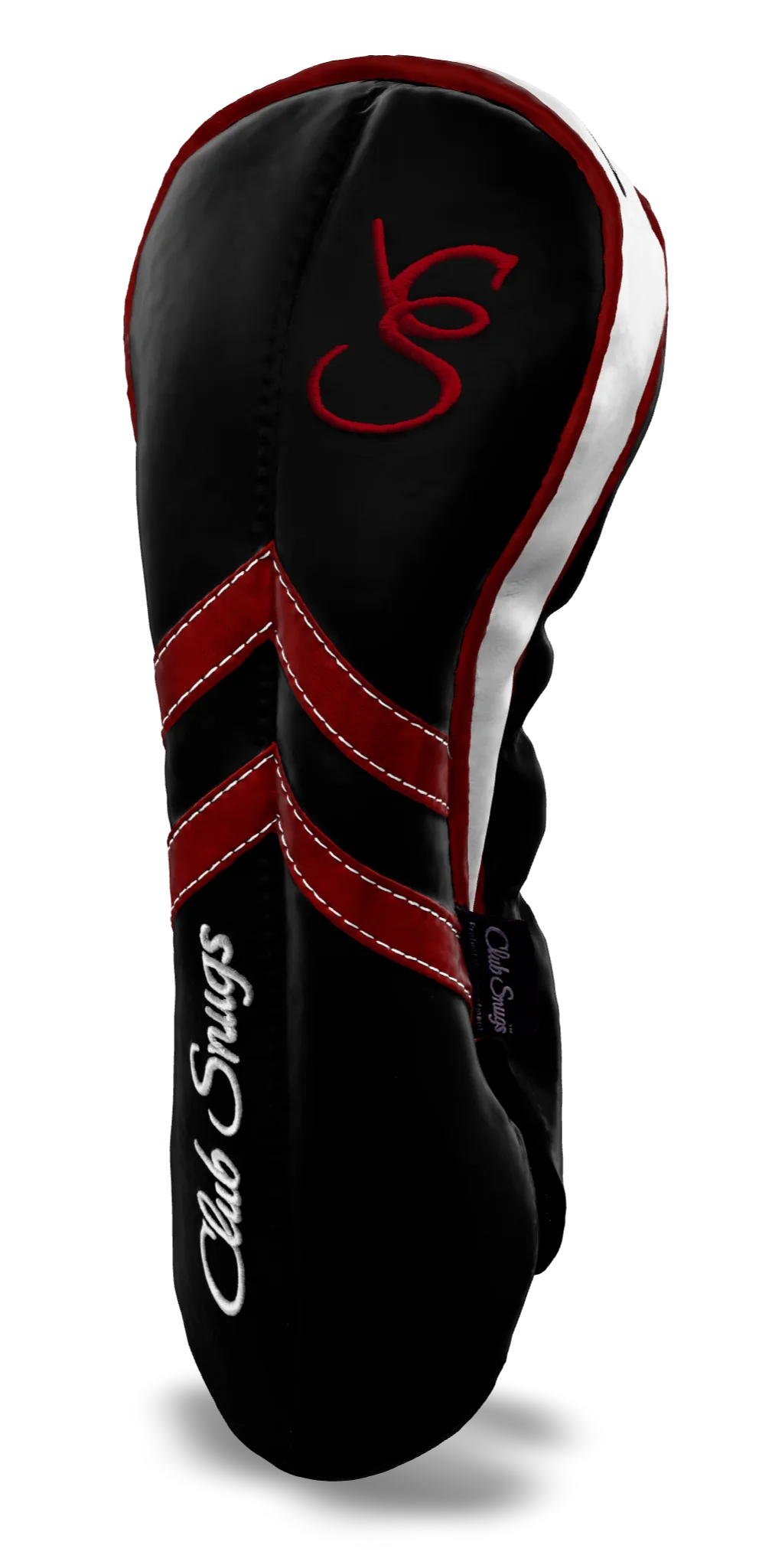 Right-Side view of a Black, Black, Red, and Red Retro-T Driver Headcover with Dual-V stripe and split seam