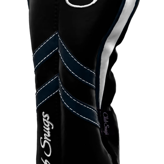 Right-Side view of a Black, Black, Navy, and Navy Retro-T Driver Headcover with Dual-V stripe and split seam