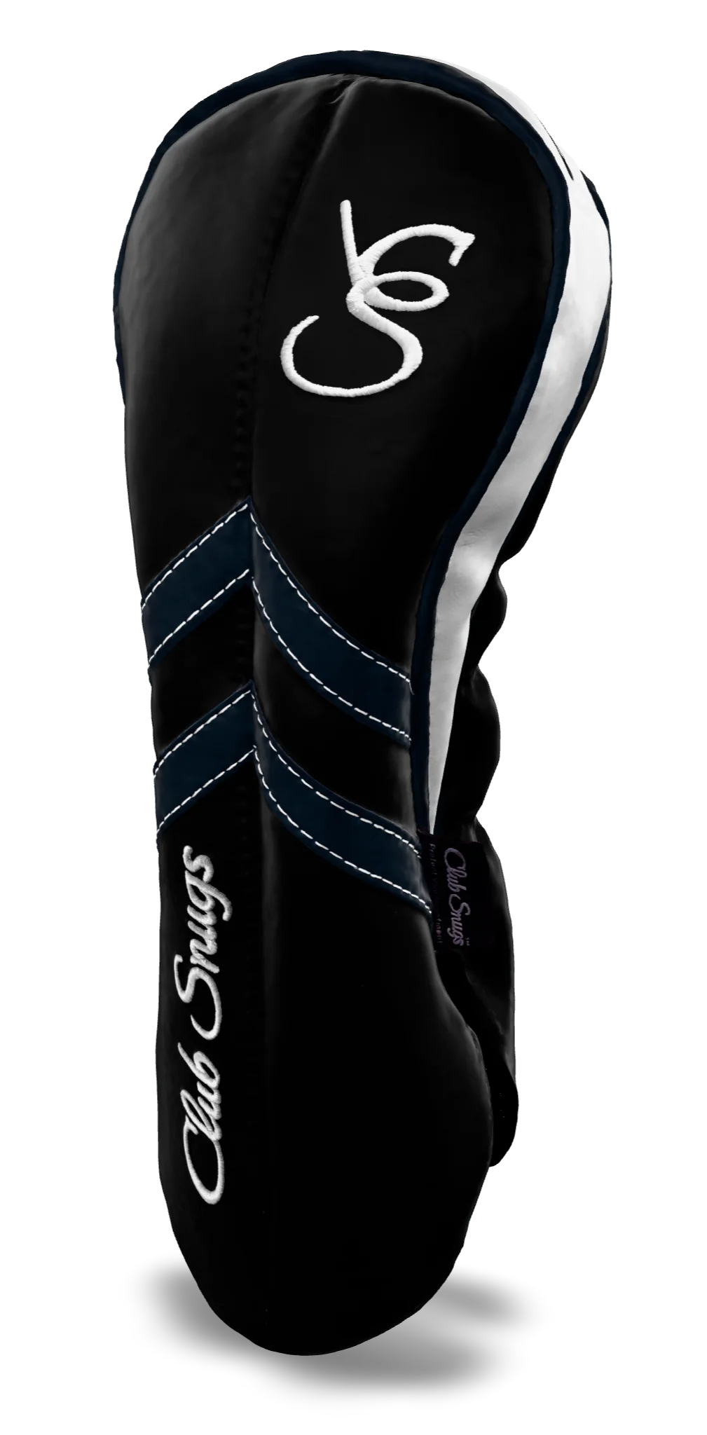 Right-Side view of a Black, Black, Navy, and Navy Retro-T Driver Headcover with Dual-V stripe and split seam
