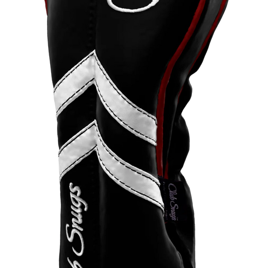 Right-Side view of a Black, Black, White, and Red Retro-T Driver Headcover with Dual-V stripe and split seam