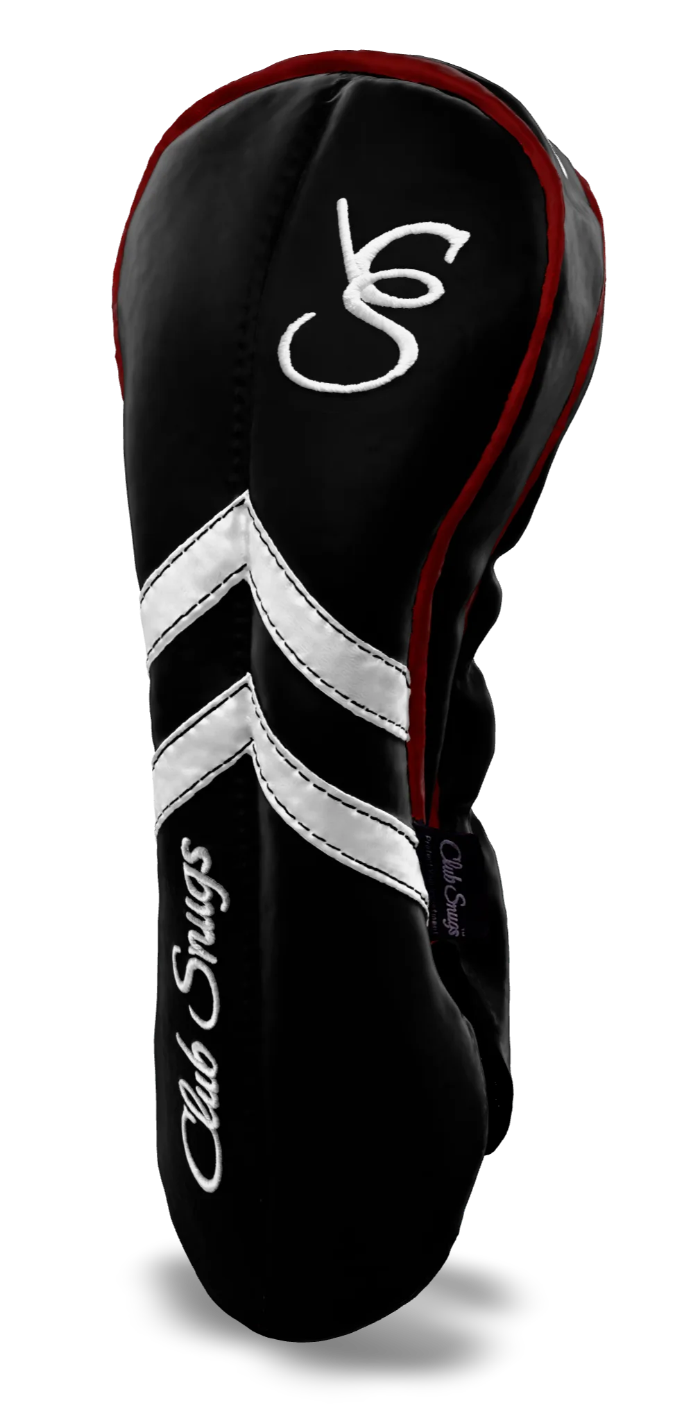 Right-Side view of a Black, Black, White, and Red Retro-T Driver Headcover with Dual-V stripe and split seam