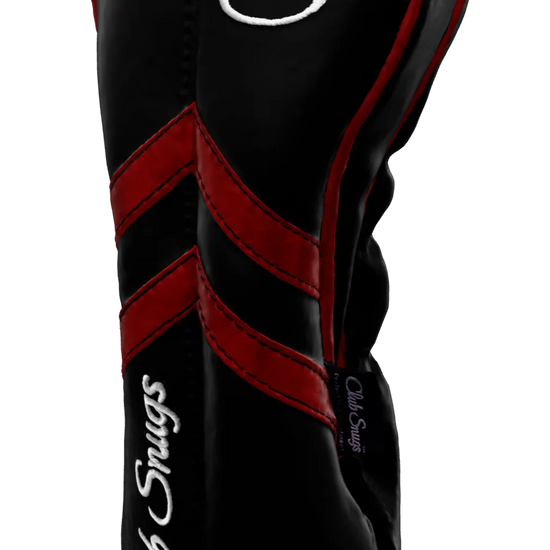Right-Side view of a Black, Black, Red, and Red Retro-T Driver Headcover with Dual-V stripe and split seam