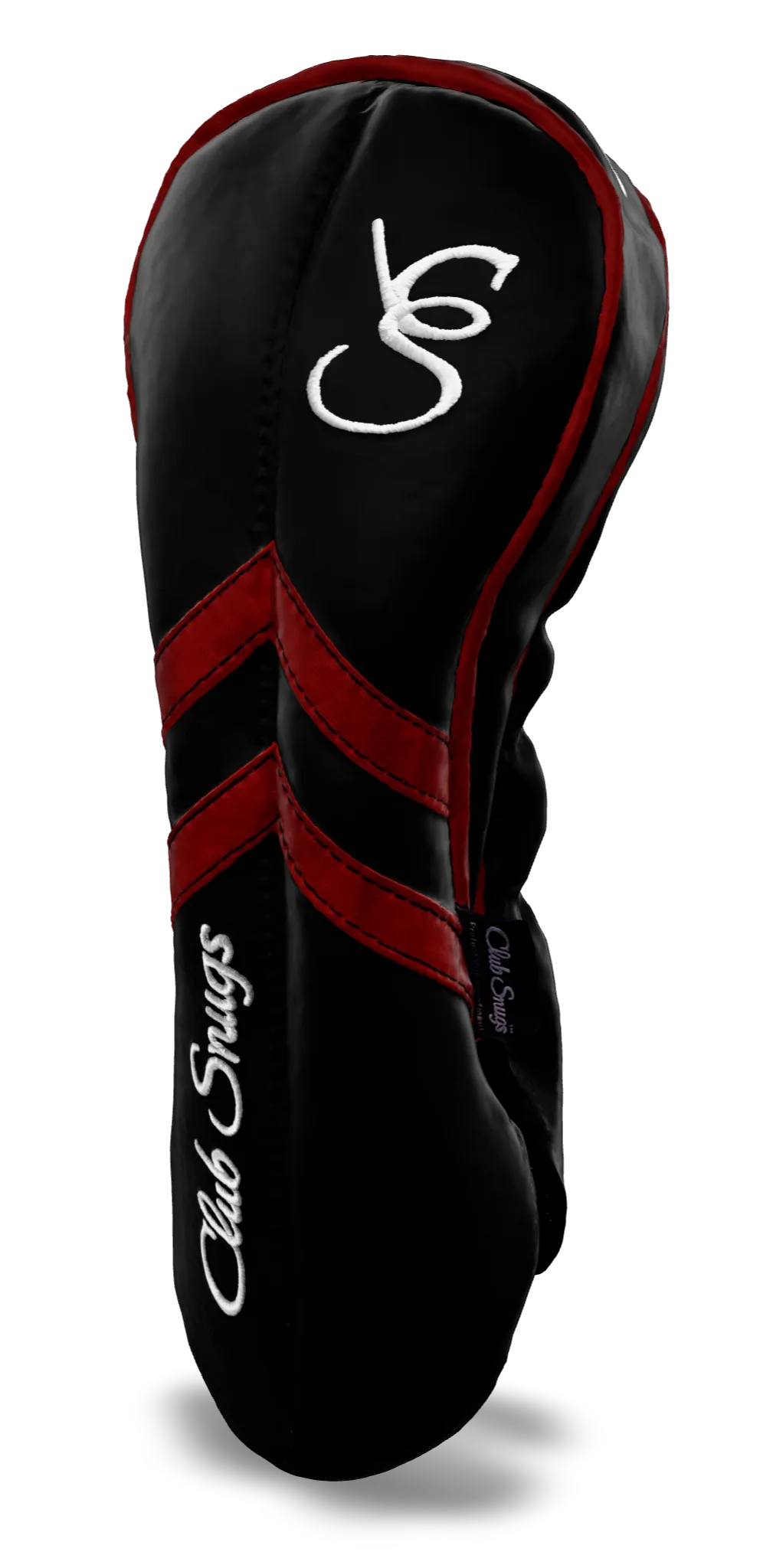 Right-Side view of a Black, Black, Red, and Red Retro-T Driver Headcover with Dual-V stripe and split seam