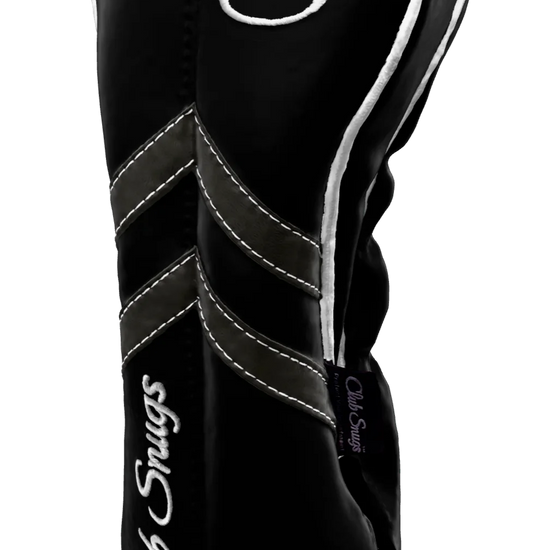 Right-Side view of a Black, Black, Gray, and White Retro-T Driver Headcover with Dual-V stripe and split seam