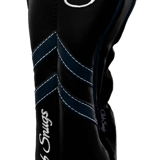Right-Side view of a Black, Black, Navy, and Navy Retro-T Driver Headcover with Dual-V stripe and split seam