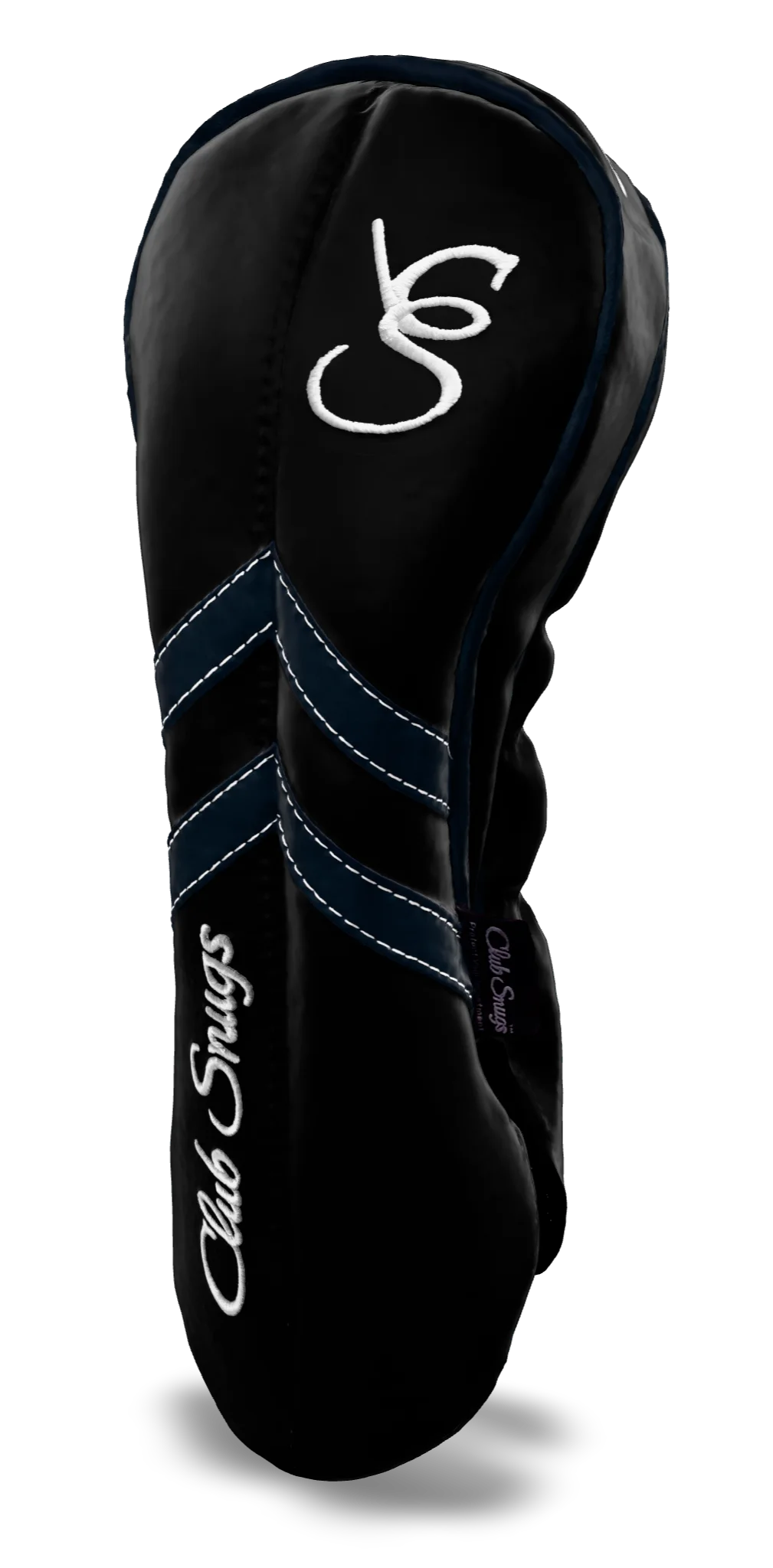 Right-Side view of a Black, Black, Navy, and Navy Retro-T Driver Headcover with Dual-V stripe and split seam