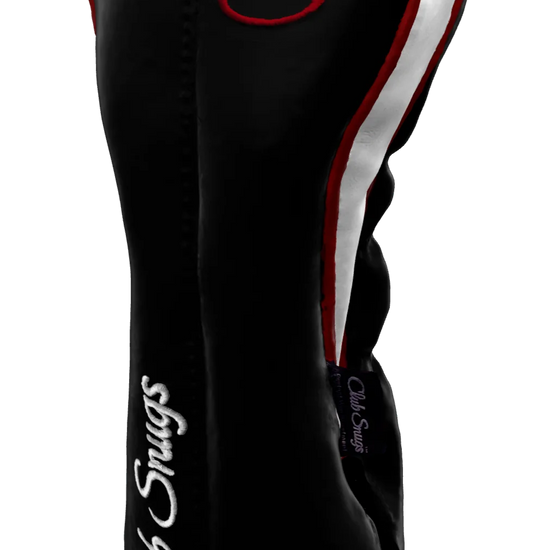Right-Side view of a Black, Black, Red, and Red Classic Driver Headcover with split seam