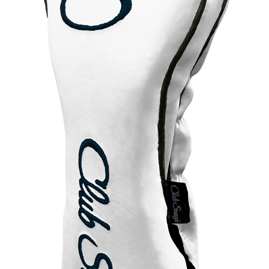 Right-Side view of a Exclusive White, Gray, Navy, and Navy Shield Driver Headcover with prominent branding