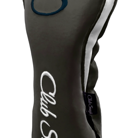 Right-Side view of a Exclusive Gray, Gray, White, and Navy Shield Driver Headcover with prominent branding