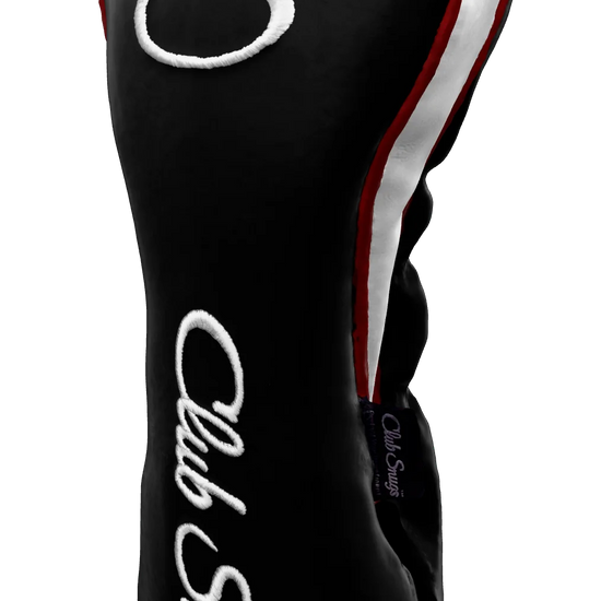 Right-Side view of a Exclusive Black, Red, White, and White Shield Driver Headcover with prominent branding