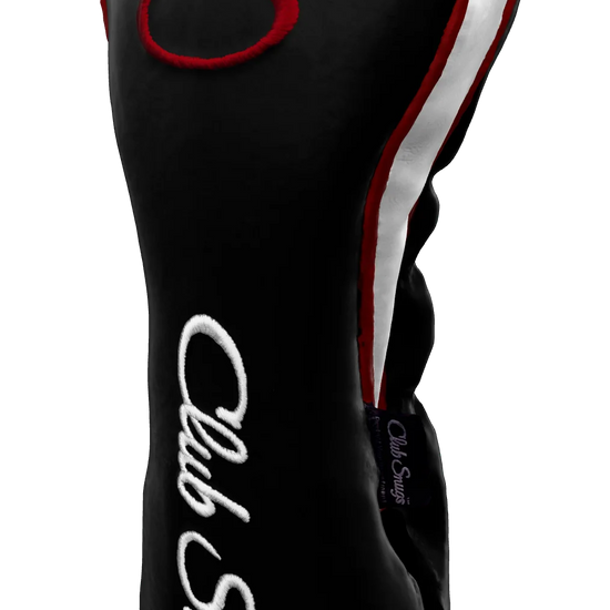Right-Side view of a Exclusive Black, Red, White, and Red Shield Driver Headcover with prominent branding