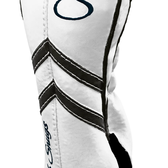 Right-Side view of a White, White, Gray, and Gray Retro-T Fairway Headcover with Dual-V stripe and split seam