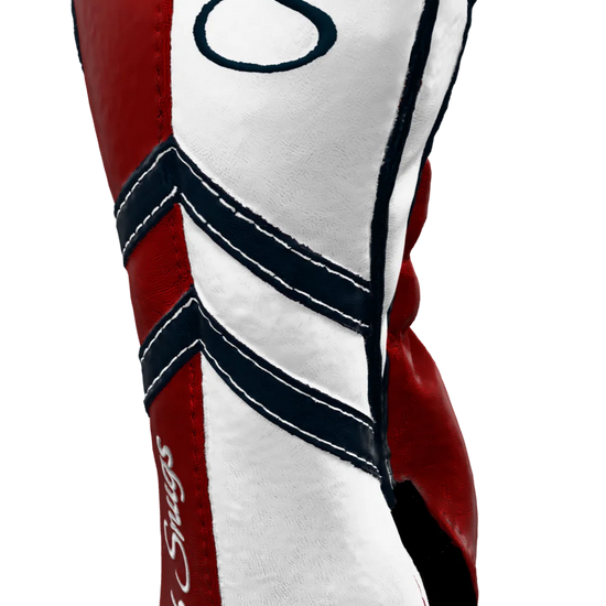 Right-Side view of a Red, White, Navy, and Navy Retro-T Fairway Headcover with Dual-V stripe and split seam