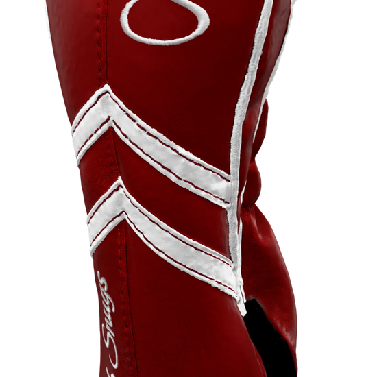 Right-Side view of a Red, Red, White, and White Retro-T Fairway Headcover with Dual-V stripe and split seam