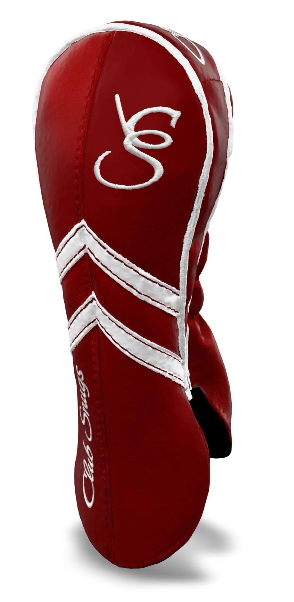 Right-Side view of a Red, Red, White, and White Retro-T Fairway Headcover with Dual-V stripe and split seam