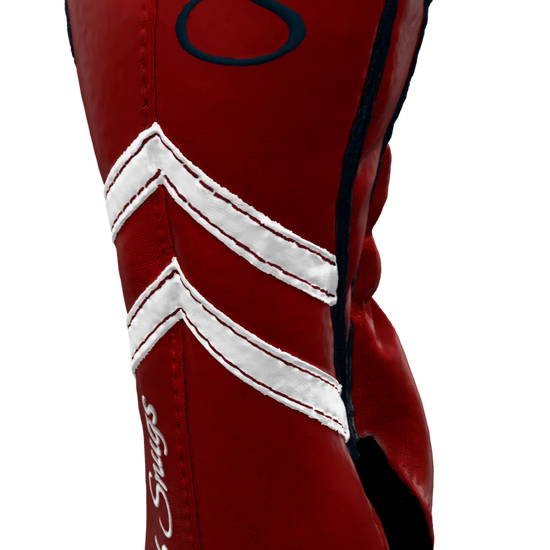 Right-Side view of a Red, Red, White, and Navy Retro-T Fairway Headcover with Dual-V stripe and split seam