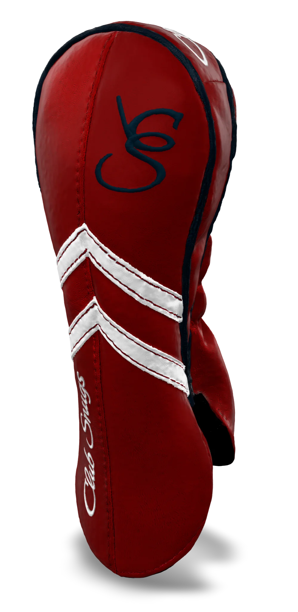Right-Side view of a Red, Red, White, and Navy Retro-T Fairway Headcover with Dual-V stripe and split seam
