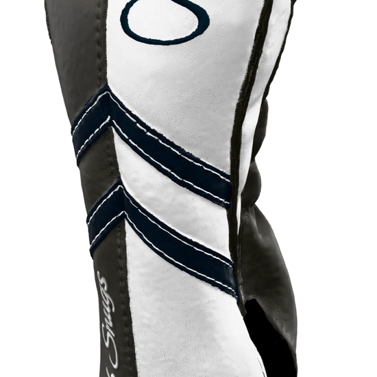 Right-Side view of a Gray, White, Navy, and Gray Retro-T Fairway Headcover with Dual-V stripe and split seam