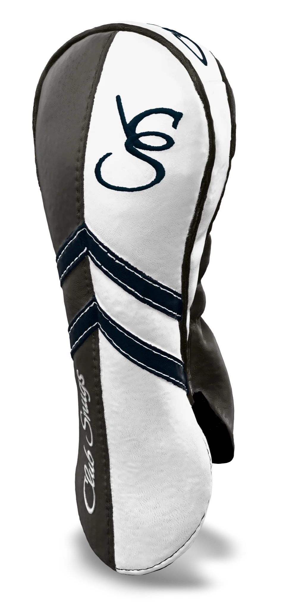 Right-Side view of a Gray, White, Navy, and Gray Retro-T Fairway Headcover with Dual-V stripe and split seam