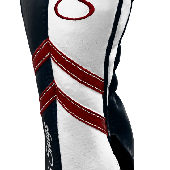 Right-Side view of a Navy, White, Red, and Navy Retro-T Fairway Headcover with Dual-V stripe and split seam