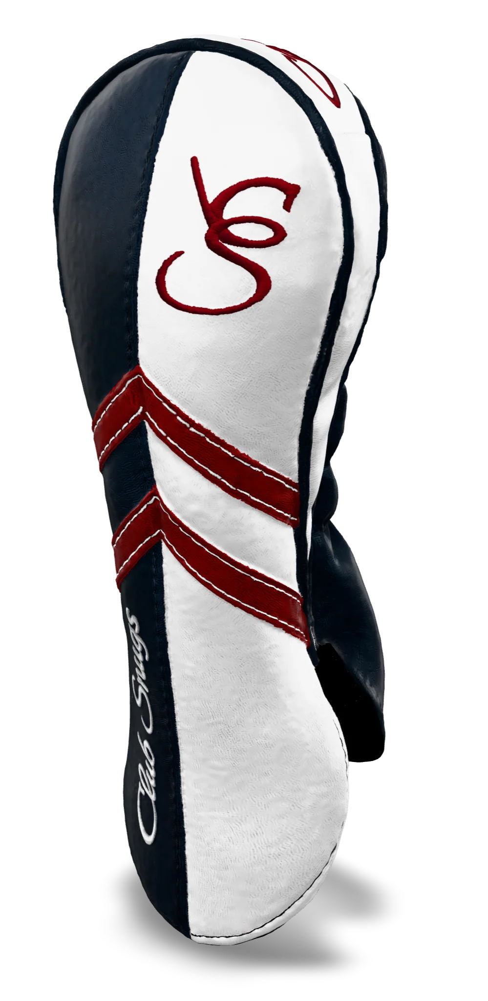 Right-Side view of a Navy, White, Red, and Navy Retro-T Fairway Headcover with Dual-V stripe and split seam