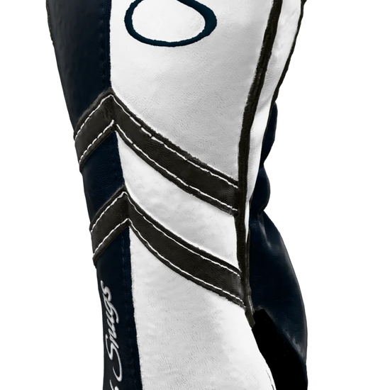 Right-Side view of a Navy, White, Gray, and Gray Retro-T Fairway Headcover with Dual-V stripe and split seam