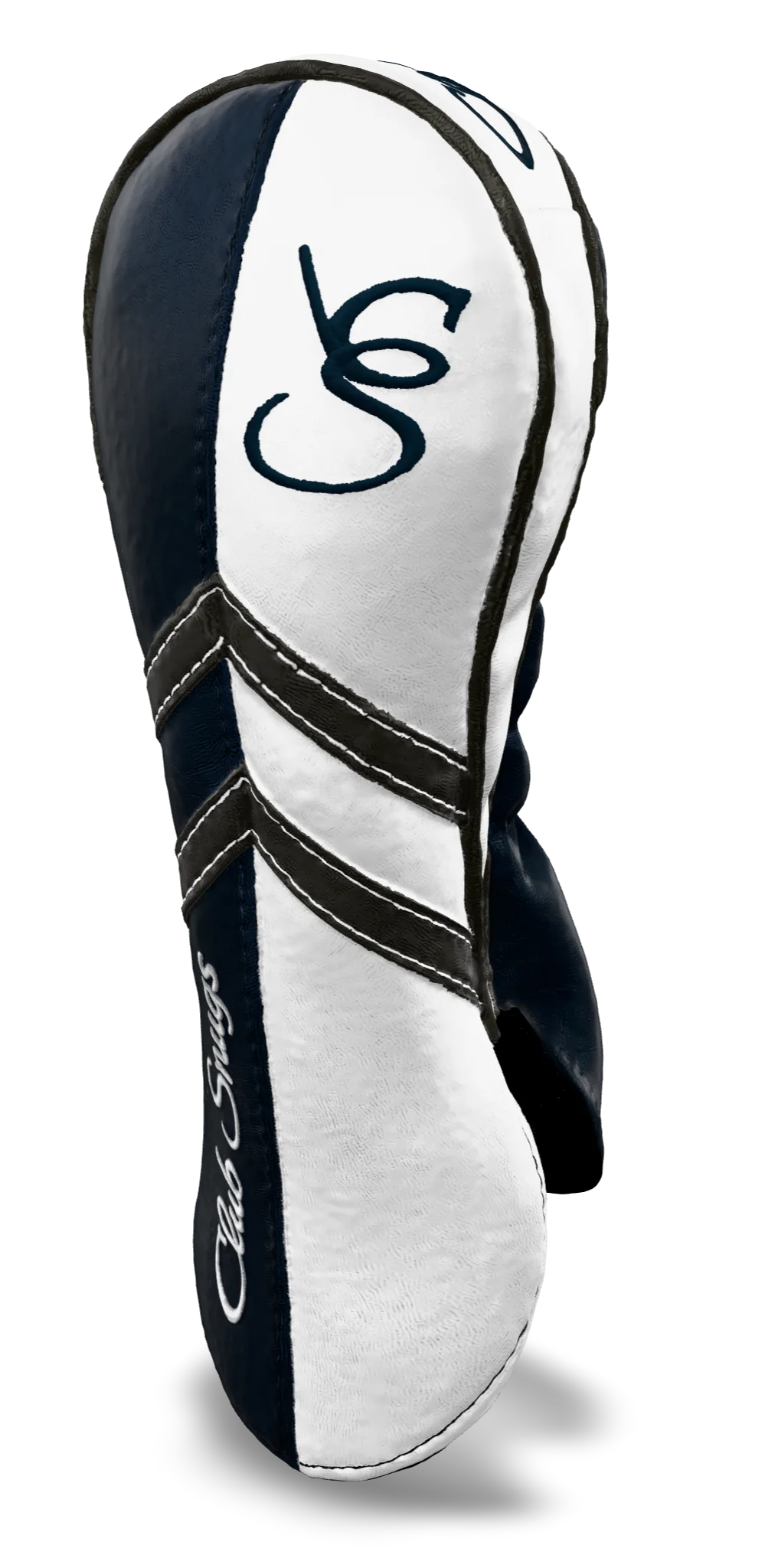 Right-Side view of a Navy, White, Gray, and Gray Retro-T Fairway Headcover with Dual-V stripe and split seam
