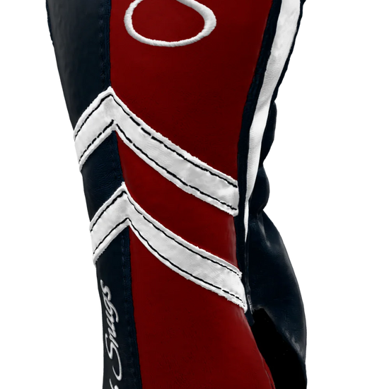 Right-Side view of a Navy, Red, White, and Navy Retro-T Fairway Headcover with Dual-V stripe and split seam
