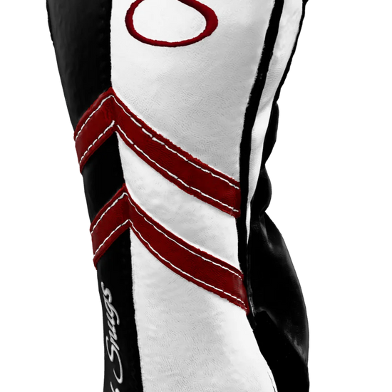 Right-Side view of a Black, White, Red, and Black Retro-T Fairway Headcover with Dual-V stripe and split seam