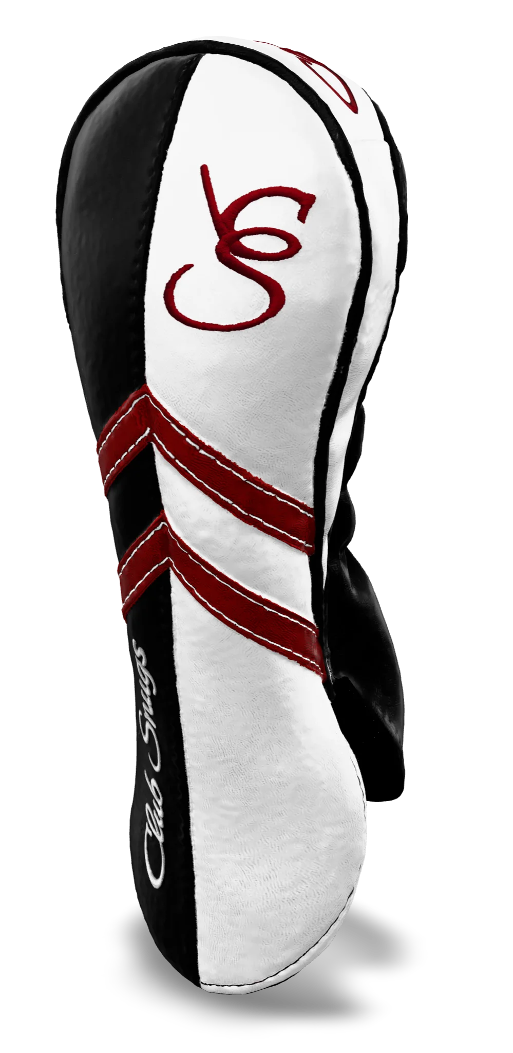 Right-Side view of a Black, White, Red, and Black Retro-T Fairway Headcover with Dual-V stripe and split seam