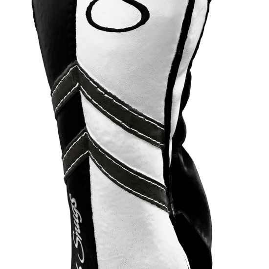 Right-Side view of a Black, White, Gray, and Black Retro-T Fairway Headcover with Dual-V stripe and split seam