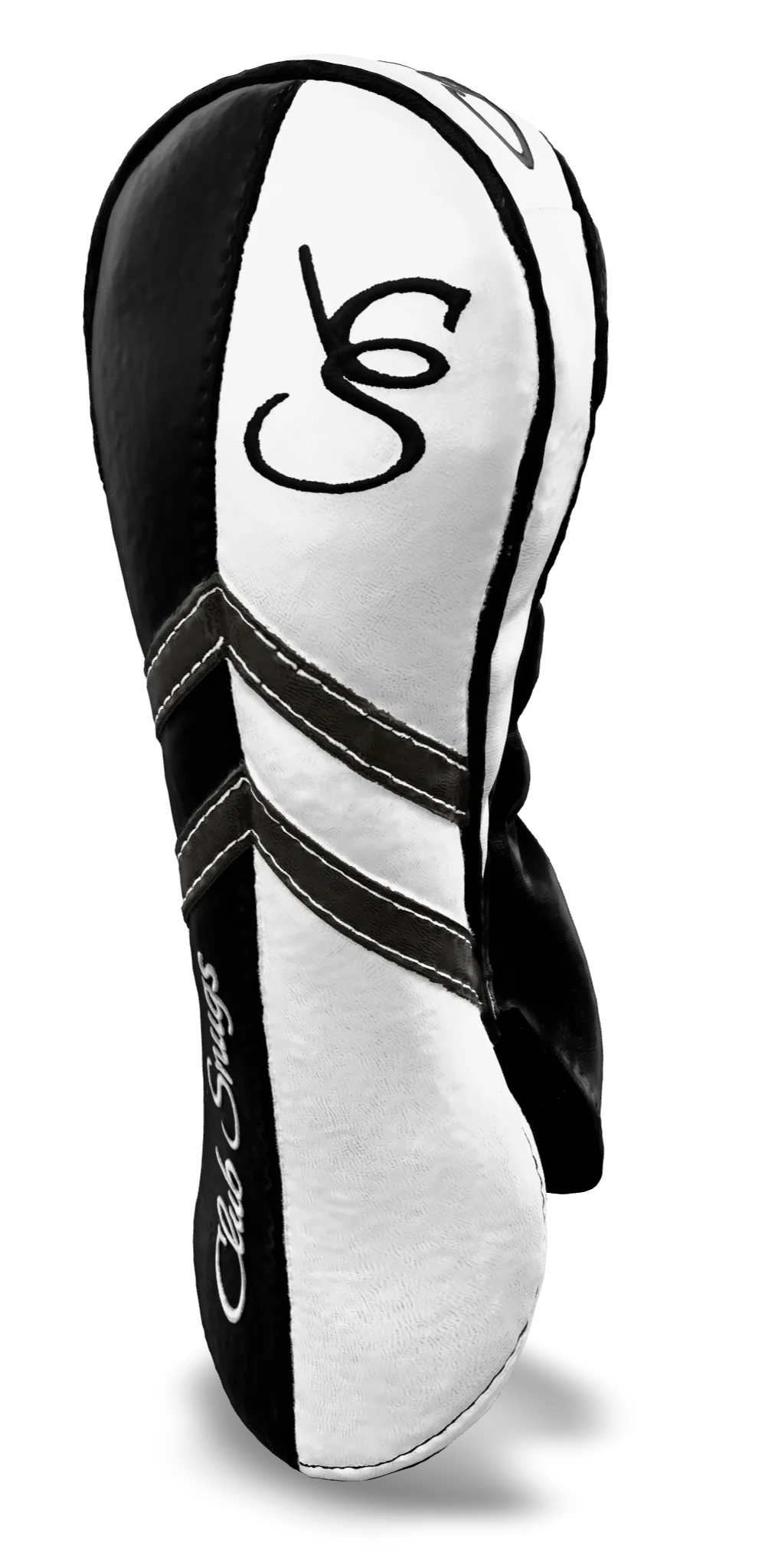 Right-Side view of a Black, White, Gray, and Black Retro-T Fairway Headcover with Dual-V stripe and split seam