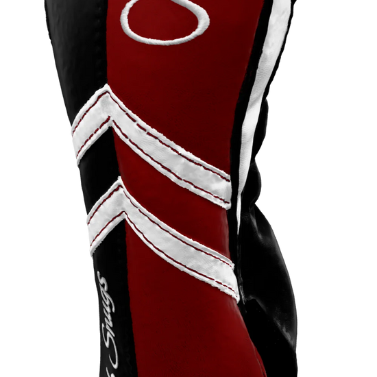 Right-Side view of a Black, Red, White, and Black Retro-T Fairway Headcover with Dual-V stripe and split seam