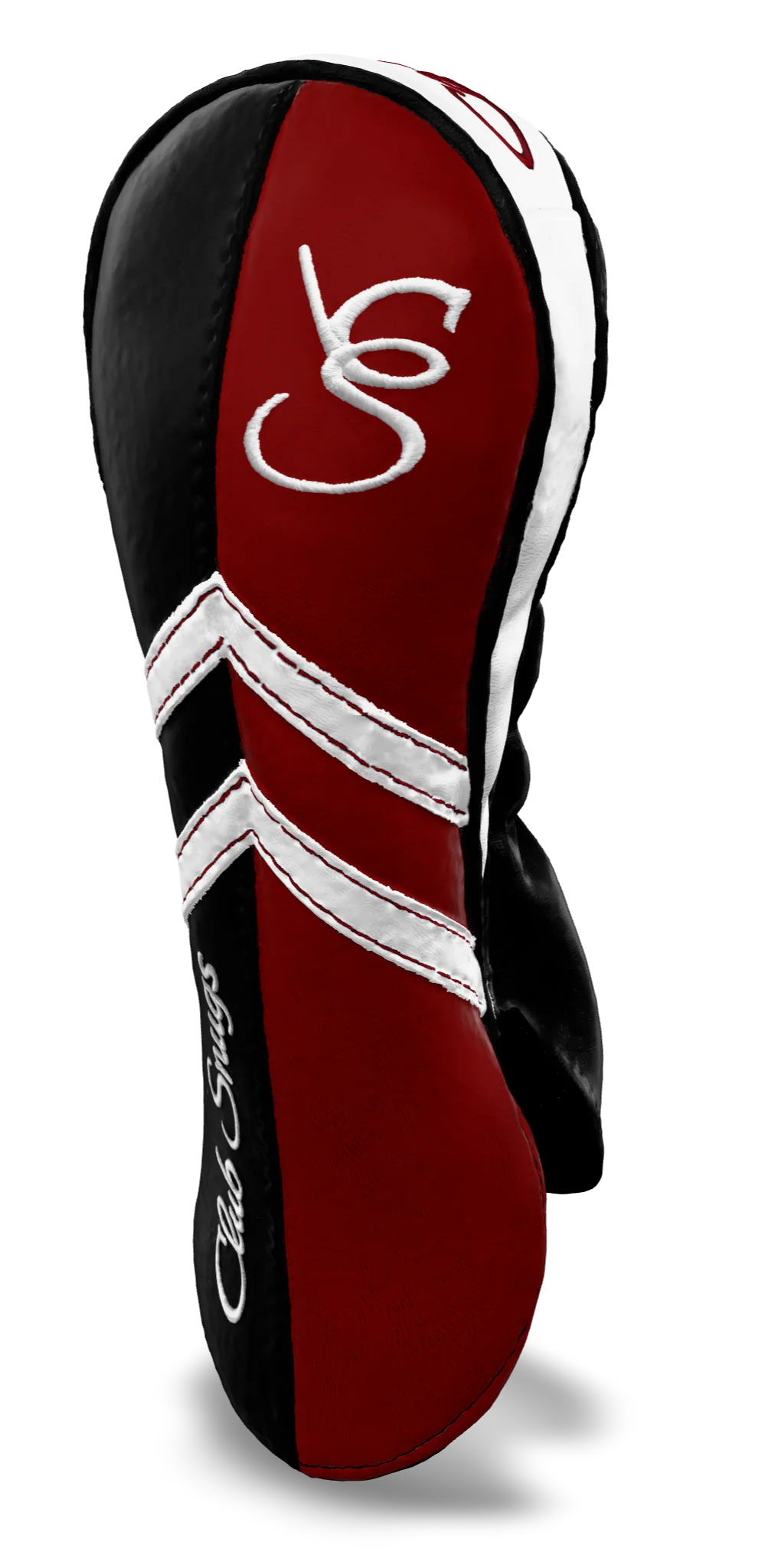Right-Side view of a Black, Red, White, and Black Retro-T Fairway Headcover with Dual-V stripe and split seam